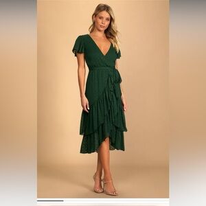 Lulu’s Have Harmony Dark Green Swiss Dot Ruffled Faux Wrap Midi Dress NWT